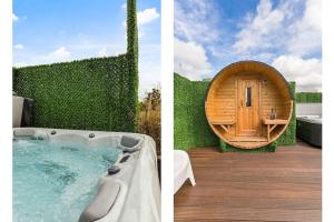 梅赫伦Schitterende loft met jacuzzi en sauna in Mechelen的两张浴缸照片和一所小屋
