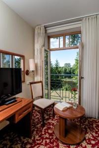 德鲁斯基宁凯Hotel Violeta的酒店客房设有书桌、电视和窗户。
