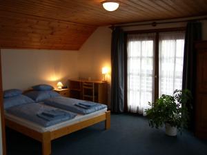 布达厄尔什阿德勒佩泽欧酒店的一间卧室配有一张带蓝色枕头的床。
