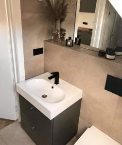 普雷拉Fisheria Apartamentai的浴室设有白色水槽和镜子