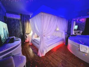 布拉索夫Anadi Hotel Boutique的一间卧室配有一张紫色天花板的床