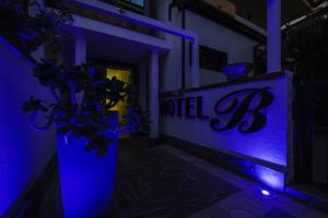 维博瓦伦蒂亚码头巴比里酒店的一座有蓝色灯饰的房屋和一座植物