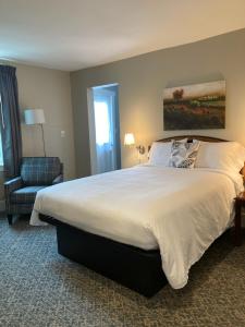 新荷兰Country Squire Inn and Suites的卧室配有一张白色大床和一把椅子