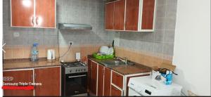 阿吉曼Apartment in Ajman,Studio flat的厨房配有木制橱柜、水槽和炉灶。