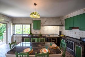 帕德隆Luxury Singular Villa Rosa的厨房配有绿色橱柜和桌椅