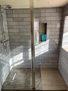 伊斯特布恩Cosy Flint Cottage的浴室里设有玻璃门淋浴