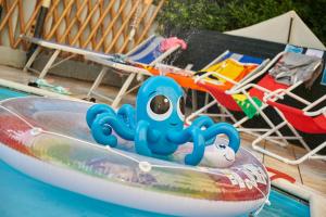 里米尼Hotel A Casa Nostra的池塘木筏顶上的玩具章鱼
