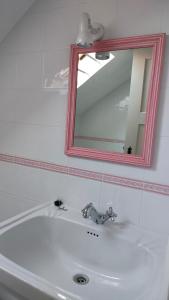 FolgosinhoQuinta da Barbosa的浴室水槽上方设有红色镜子