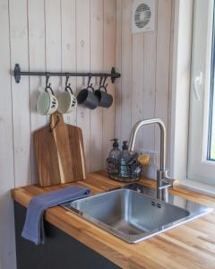 Pussala Latgalē的厨房柜台配有不锈钢水槽和水槽