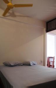 明德卢Paz Apartment的一间卧室配有一张带吊扇的床
