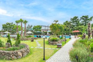 济州市Hallim Resort的一个带游泳池和棕榈树的公园