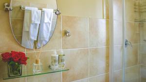 SandtonBeautiful 2 bedroom Apartment near Monte Casino的浴室设有淋浴、镜子和红色玫瑰