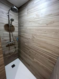 科尔马Chambre cosy, proche centre-ville et gare的带淋浴的浴室(带木墙)