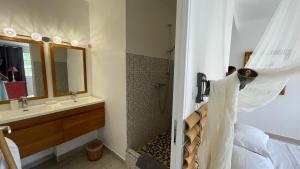 BeauregardLe M Hotel Marie Galante的配有床、淋浴和盥洗盆的浴室