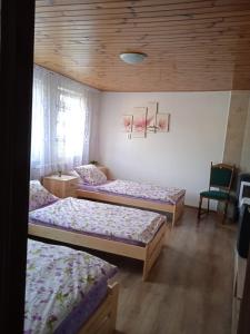 Železný BrodUbytovani u Nadii的一间设有三张床和椅子的房间