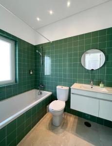 里斯本New Art Apartment的绿色瓷砖浴室设有卫生间和水槽