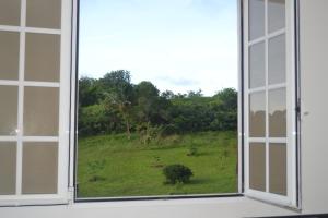大博格Plumeria Hébergement Tiare的享有绿色田野景致的开放式窗户
