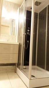 于埃Studio des Jeux - Alpe d'Huez Hyper Centre - 4-5 personnes - Wifi的浴室里设有玻璃门淋浴