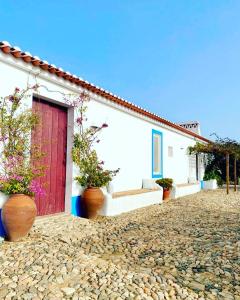 SalvadaMonte Capitão Country house的一间白色的房子,有红色的门和一些植物