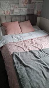 阿伯里斯特威斯Beautiful 2-Bed Chalet in Aberystwyth的一张带粉红色枕头的未铺床