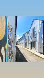 布莱顿霍夫Mrs Butler’s Mews House的建筑物一侧有涂鸦的街道