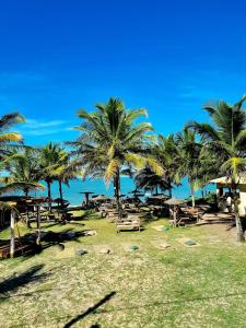 卡拉伊瓦Caramuru Hostel Caraíva的棕榈树和桌子的海滩和大海