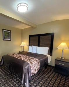 南太浩湖比佛利旅馆的酒店客房设有一张大床和两盏灯。