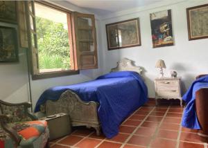 马尼萨莱斯Mirador de los Vientos的一间卧室配有一张带蓝色床单的床和一扇窗户。