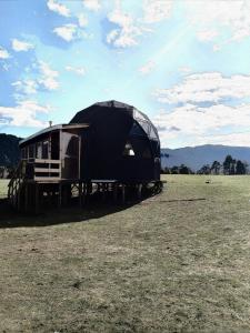 科伊艾科Lerun Sheg Lodge的坐在田野里的黑色圆顶帐篷