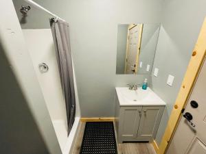 Colorado CityDesert Sage Retreat的带淋浴、盥洗盆和镜子的浴室