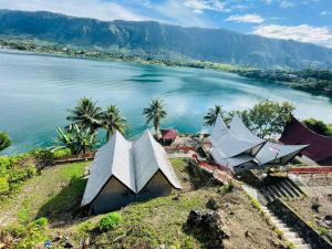 图克图克Vandu's View Guest house & Restaurant的享有湖泊的空中景致,拥有房屋和棕榈树