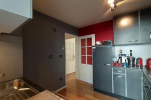 安纳马斯Appt centre ville "Parc Olympe de Gouges" avec garage的带冰箱和红色墙壁的厨房