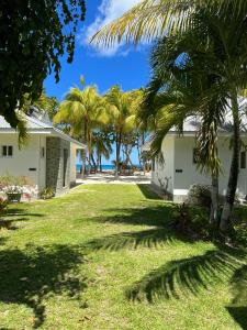 Anse Kerlan开普吉恩玛丽海滩别墅的棕榈树房屋庭院的景色