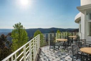 美德罗巴斯水皇蓝山酒店的阳台配有桌椅,享有山景。