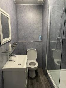 LeslieClarkes 1st floor Apartment Leslie- Golf Paradies的浴室配有卫生间、盥洗盆和淋浴。