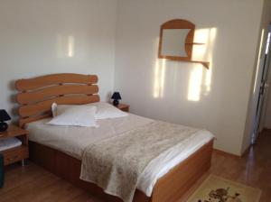 CosteştiPension Nicoleta的一间卧室配有一张大床和木制床头板
