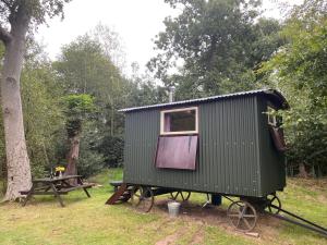 BaddileyThe Shepherd's Hut - Wild Escapes Wrenbury off grid glamping - ages 12 and over的一辆带野餐桌的旅行车上的绿色小房子