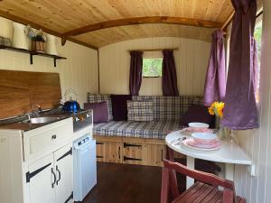 BaddileyThe Shepherd's Hut - Wild Escapes Wrenbury off grid glamping - ages 12 and over的一个带桌子和水槽的小厨房