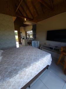 乌鲁佩马Chalés Rota das Cachoeiras的一间卧室配有一张大床和一台平面电视