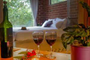 ArchidonaPacha Eco Lodge Glamping & Hotel的两杯酒杯坐在桌子上,并配上一瓶葡萄酒