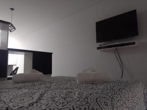 罗萨里奥Alquiler Temporario Rosario 4的卧室配有一张壁挂式平面电视的床。