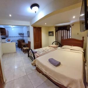 博卡斯德尔托罗博卡斯热带天堂旅舍的一间带大床的卧室和一间厨房