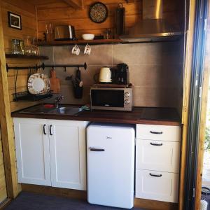 阿尔库什迪瓦尔德维什Lagoon Tiny House的厨房配有白色冰箱和微波炉