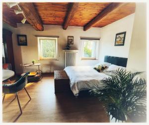 Ay-sur-MoselleChâteau de Logne的一间卧室配有一张床和一张植物桌子