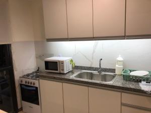 梅塞德斯Apartamento céntrico 3 Edificio picazzo en Mercedes Uruguay的厨房配有水槽和微波炉