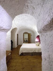 瓜迪克斯拉塔拉卡萨斯石窟旅馆的卧室配有一张石墙床