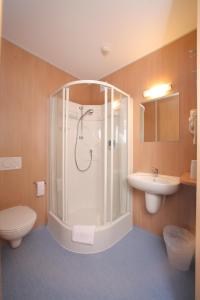维尔弗斯多夫图尔汽车旅馆的带淋浴、卫生间和盥洗盆的浴室