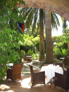 阿尔盖达Finca Raims的一个带桌椅和棕榈树的庭院