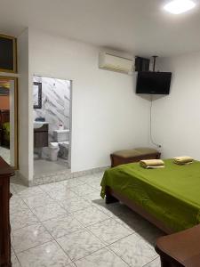 曼塔Flavio Reyes的一间卧室配有绿色的床和镜子