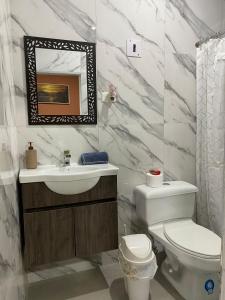 曼塔Flavio Reyes的一间带卫生间、水槽和镜子的浴室